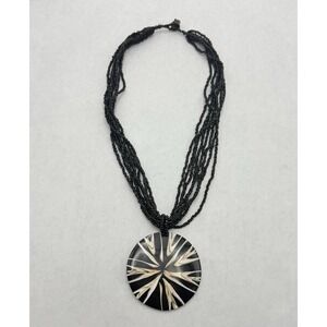 Vintage Horn Pendant Necklace Multi Strand Black Seed Beads Tribal Boho